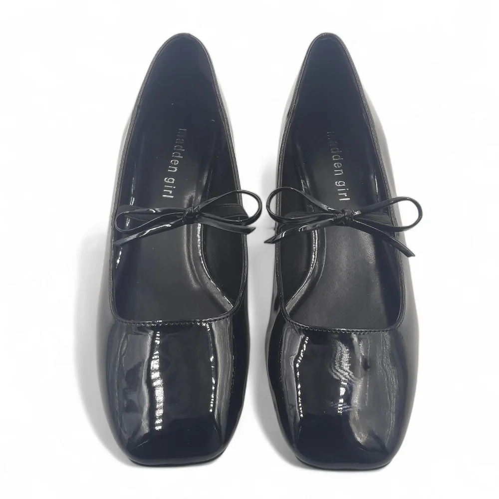 MADDEN Girl Mary Jane Flats Black Patent Square Toe Bow Ladylike Minimal 8.5 LNC - Picture 1 of 9